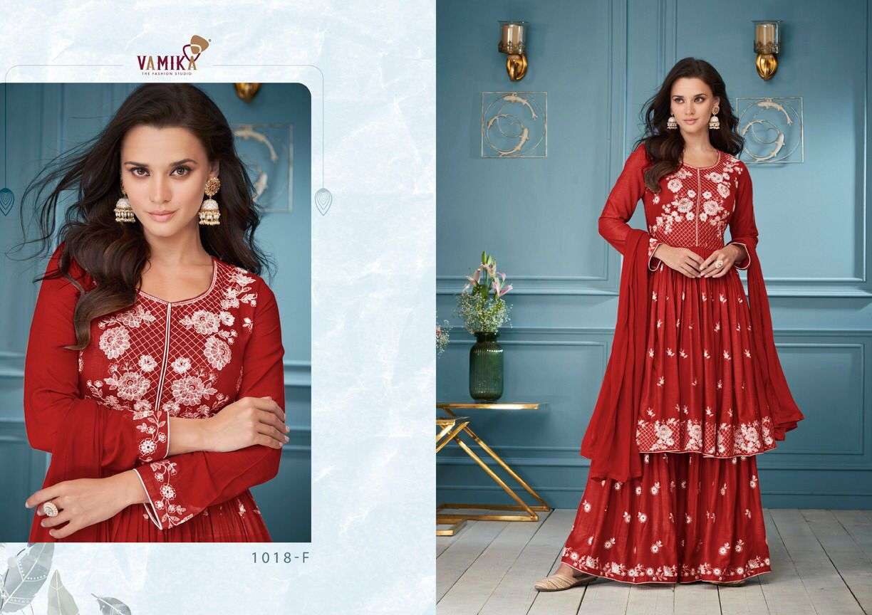 Vamika-Lakhnavi Vol 3 Dark Color-14 Kg-Rayon-White-Thread-Kurti-Rayon-Palazzo-Nazmin-Dupatta-1018-F